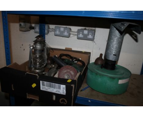 A BOSCH GRINDER, TWO LAMPS, BURNER, HAND TOOLS ETC