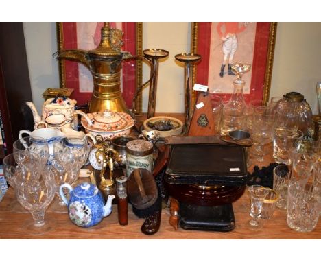 Large quantity of interesting miscellanea including metronome, barometer, brassware, ceramics, table glass etc (part shelf)  