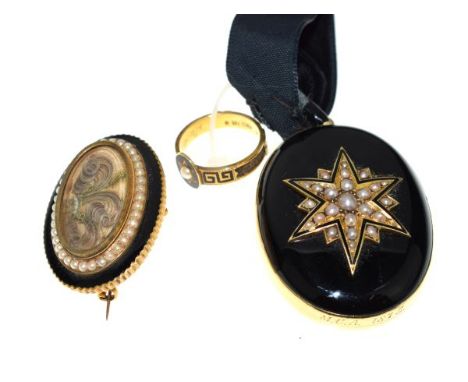 Mourning Jewellery - Victorian oval gilt metal black enamelled locket having seed pearl set star, an oval metal and black ena