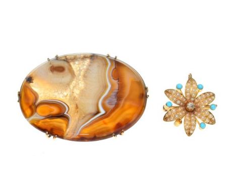 Oval agate set brooch, a diamond seed pearl and turquoise set petal design brooch and a pair of stud earrings   Condition: 