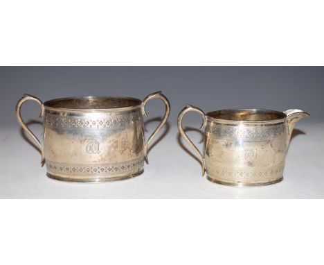 Victorian engraved silver two handled sugar basin and matching cream jug, Sheffield 1884, combined weight 6.5oz approx   Cond
