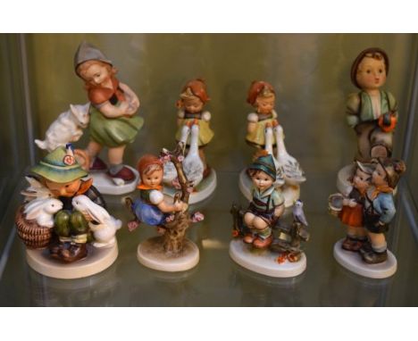 Seven Goebel figures - Goose Girl x 2, Globe Trotter, Wayside Harmony, Playmates, Surprise and Apple Tree Girl together with 