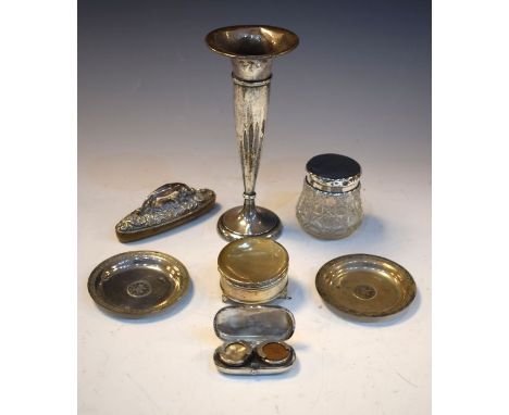 Silver double sovereign holder, trinket box, vase, nail buffer and a pair of white metal pin dishes   Condition: 