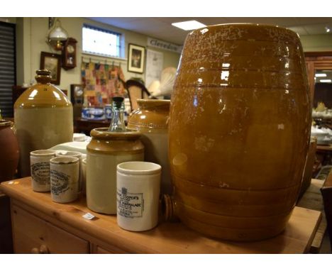 Quantity of stoneware flagons, storage jars, hot water bottles, stoneware barrel, chamber pots etc (one shelf)   Condition: 