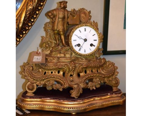 Late 19th Century gold painted metal cased mantel clock   Condition: 