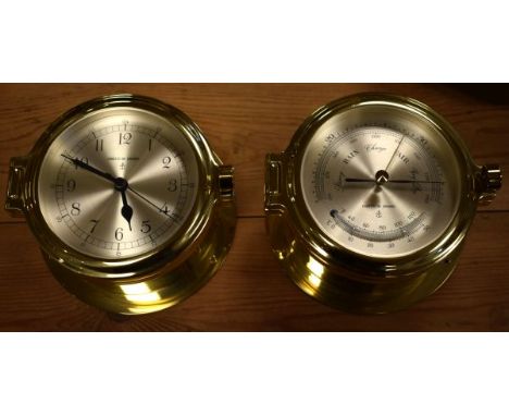 Comitti of London reproduction brass ships bulkhead design clock and barometer, boxed   Condition: 
