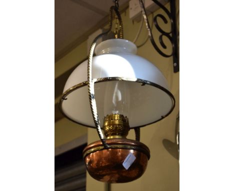 Mid 20th Century copper and brass hanging oil lamp   Condition: 