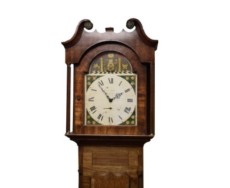 19th Century inlaid mahogany and oak longcase clock by Walter Chew of Pateley, the hood with swan neck pediment, arch shaped 