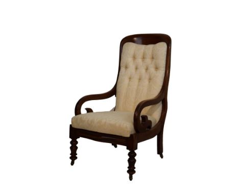 Victorian mahogany framed scroll arm chair having button back cream upholstery   Condition: 