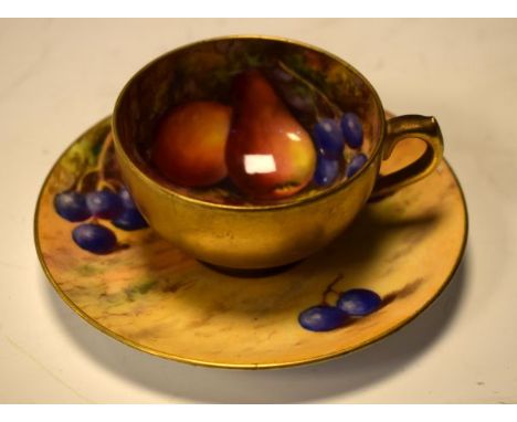 Royal Worcester fruit painted cabinet cup and saucer by William Hale, decorated with pears, grapes, plums and strawberries, e