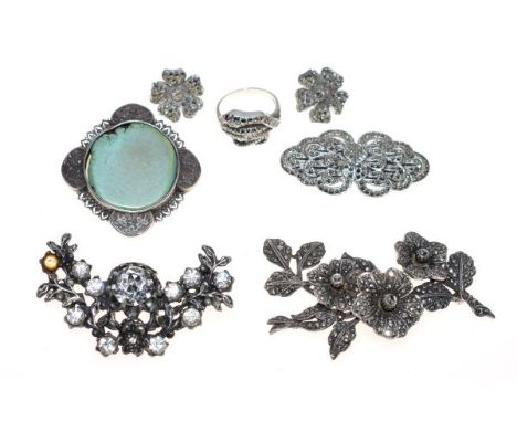 Quantity of marcasite set white metal jewellery, a white metal bracelet with decoration of seahorses, a set of mother-of-pear