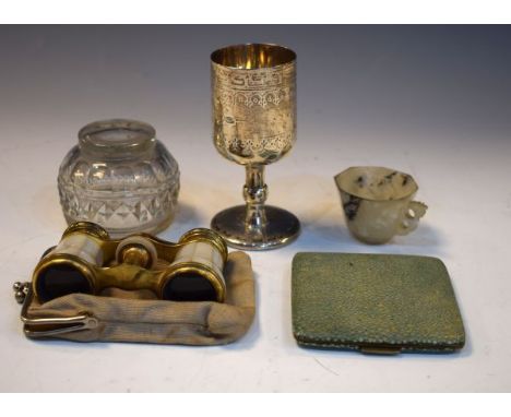 Pair of French mother-of-pearl and gilt brass opera glasses, Chinese soapstone octagonal cup, white metal goblet, 19th Centur
