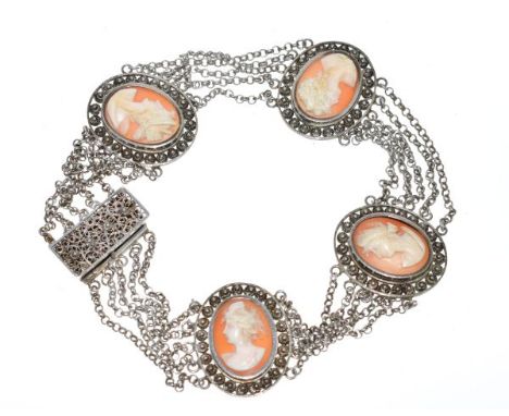 White metal choker set four oval portrait cameos, linked by five belcher link chains having filigree clasp   Condition: 