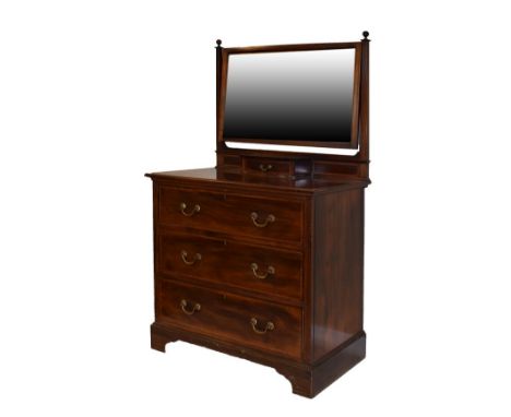 Edwardian mahogany and string inlaid dressing chest having a rectangular swing mirror, one trinket drawer, the base fitted th
