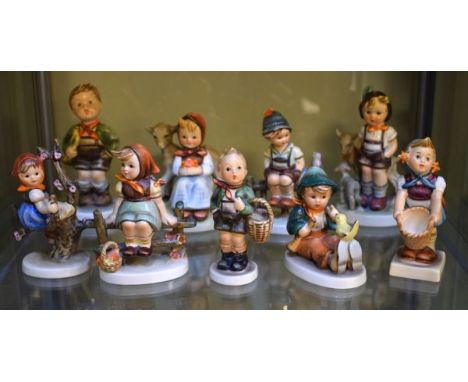 Nine Goebel Hummel figures - Trumpet Boy, Little Goat Herder, Good Friends, Wayside Harmony, Just Resting, Little Helper, App