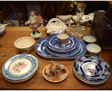 Quantity of blue and white willow pattern tableware, early 19th Century beehive design inkstand, Victorian glass table centre