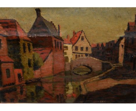 Continental School - Oil on canvas laid on board depicting a Flemish town scene with canal, monogrammed E W K (possibly for E