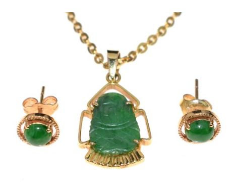 Jade set pendant, stamped '585' and chain and a pair of similar earrings   Condition: 