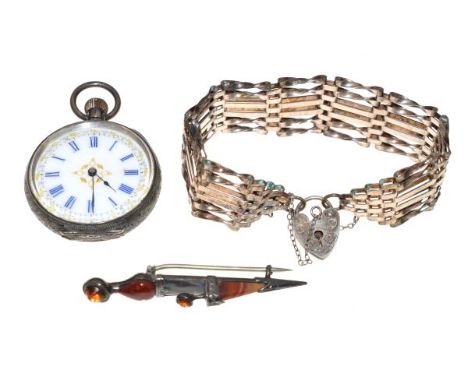 Two silver gate link bracelets, a snap bangle stamped 925, child's silver adjustable bracelet, an engraved fob watch, the whi