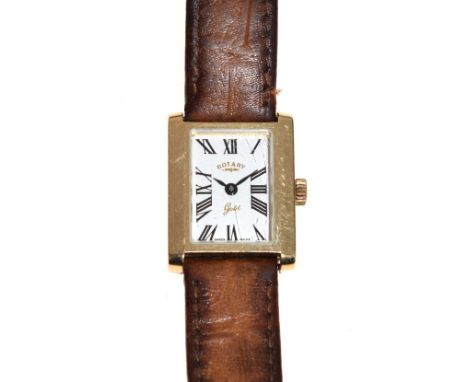 Lady's Rotary 9ct gold cased wristwatch, the tank case having white dial with Roman numerals, on brown leather strap   Condit