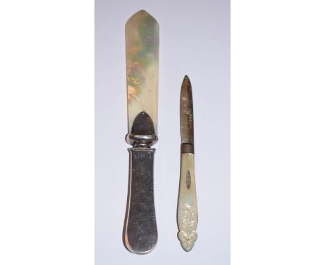 Victorian carved mother-of-pearl silver bladed fruit knife, Sheffield 1845, together with a George V silver handled mother-of