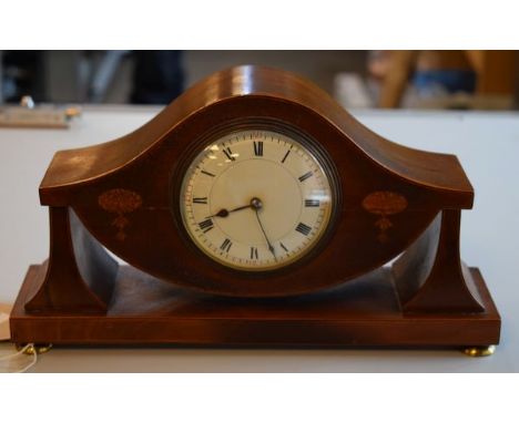 Edwardian inlaid mahogany cased mantel clock, the white enamel dial with Roman numerals, standing on brass feet   Condition: 