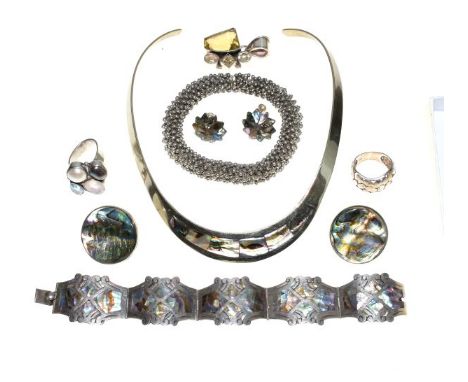 Quantity of white metal and mother-of-pearl inlaid contemporary jewellery, dress rings etc   Condition: 