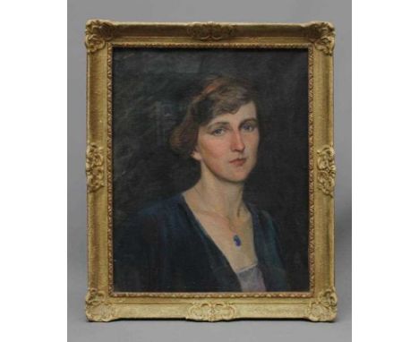 ENGLISH SCHOOL (20th Century) Portrait of a lady, head and shoulders wearing a lilac dress and enamelled pendant, oil on canv
