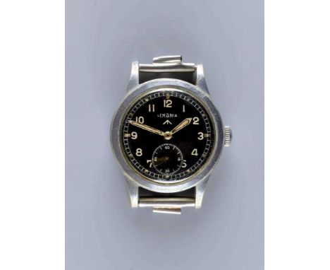 A LEMANIA 'DIRTY DOZEN' MILITARY WRISTWATCH, c.1944, the black dial with luminous Arabic numerals enclosing subsidiary second