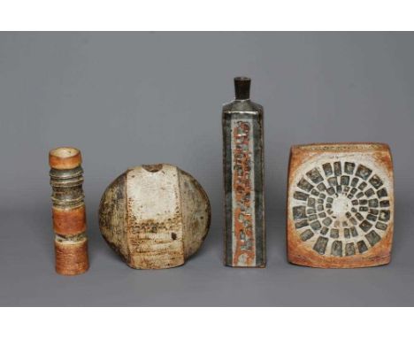 ALAN WALLWORK (1931-2019)THREE STONEWARE VASES, comprising a cylindrical vase with alternating stripes, 8 1/2" high, a rounde