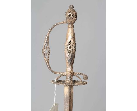 A CUT STEEL SMALL SWORD, c.1790, the 33" triangular section blade etched with foliate scrolls, floral pierced oval hand guard