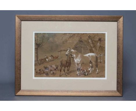 JOHN FREDERICK HERRING (1815-1907) Farmyard Scene with Horses and Pigs, signed lower right, watercolour heightened with white