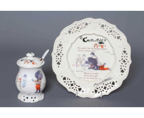 FLORENCE UPTON FOR T &amp; R BOOTE, early 20th century, a pottery plate with flower pierced rim, and baluster preserve pot an