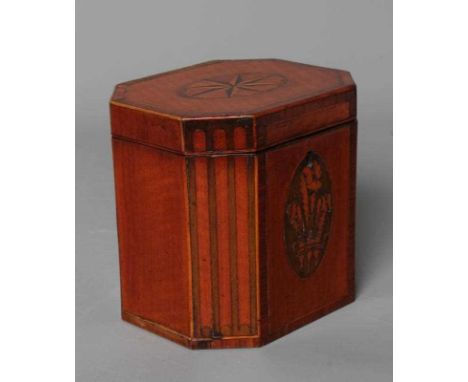 AN GEORGIAN MAHOGANY INLAID AND CROSSBANDED TEA CADDY, early 19th century, of octagonal form with marquetry patera and Prince