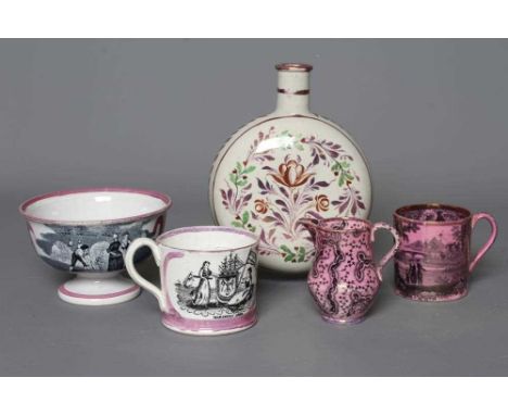 A COLLECTION OF PINK LUSTRE POTTERY, early 19th century, comprising a flattened circular flask painted with flowers, 6 1/2" h