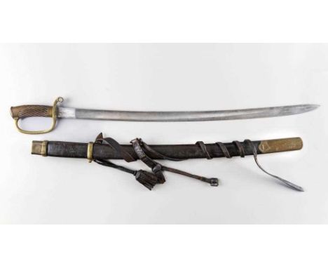 A RUSSIAN MODEL 1881 CAVALRY SABRE OR SHASHKA with 30" curved blade, brass stirrup hilt, ribbed wood grip, brass and leather 