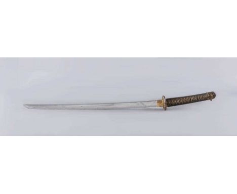 A JAPANESE KATANA with WWII saya, tsuba and hilt, possibly Edo period, 24 1/2" curved blade, highly undulating hamon, signed 