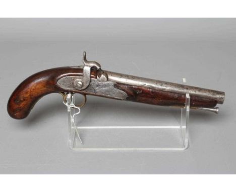 A PERCUSSION TOWER TYPE PISTOL with 9" barrel, brass furniture, walnut stock, steel belt loop and ram, 15 1/4" overall (Est. 