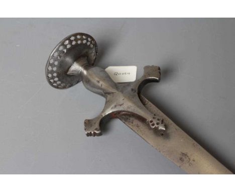 A NORTH INDIAN TALWAR, 19th century, the 31" curved blade deeply etched with a figure, a pheasant, flowers and a cartouche ce
