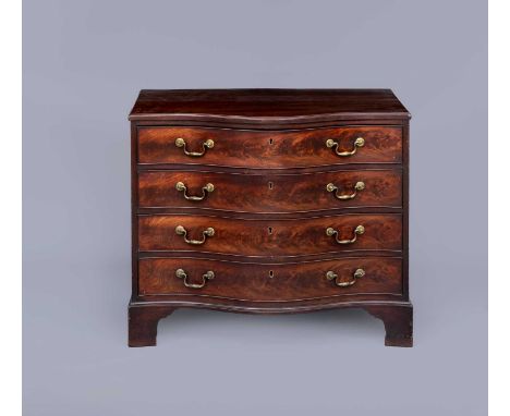 A GEORGIAN MAHOGANY SERPENTINE CHEST, third quarter 18th century, the moulded edged top over four long drawers with brass bai