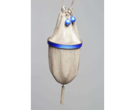 AN ART DECO RETICULE, unmarked, the fine mesh bag with tassel and blue guilloche enamelled 'ring', the draw-string handle wit