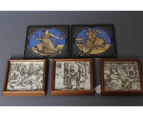 TWO VICTORIAN MINTONS TILES printed in olive green, brown and blue after Moyr Smith with classical figures playing Pan pipes 