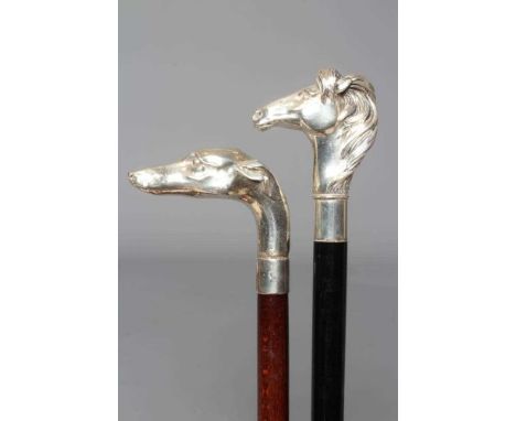 A SILVER MOUNTED GREYHOUND HEAD WALKING CANE, London 1965, maker's mark SD, 37" long, together with another walking cane with
