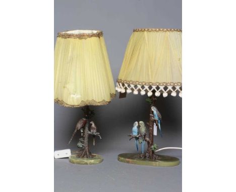 A PAIR OF COLD PAINTED BIRD BRONZE TABLE LAMPS, early 20th century, in the form of game birds and parrots perched on branches