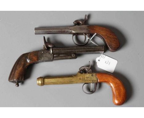 THREE ANTIQUE PISTOLS comprising a Belgian brass percussion pistol with octagonal barrel and etched action, a similar pistol 
