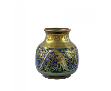 WILLIAM S. MYCOCK FOR PILKINGTON, an earthenware vase of squat baluster form, painted in sombre blue and red lustres on an ol