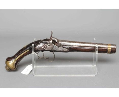 A PERCUSSION PISTOL, the 8" barrel etched with foliage, action converted from flintlock, carved and inlaid stock, steel scrol