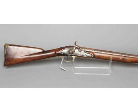 A PERCUSSION BROWN BESS MUSKET with 37" barrel, action converted from flintlock, three quarter length walnut stock inscribed 