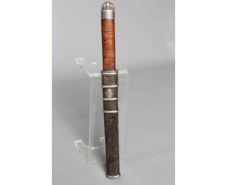 AN INTERESTING JAPANESE FIGHTING KNIFE, the 6 3/4" clip point blade with deep fuller, sectional grip, reeded white metal pomm