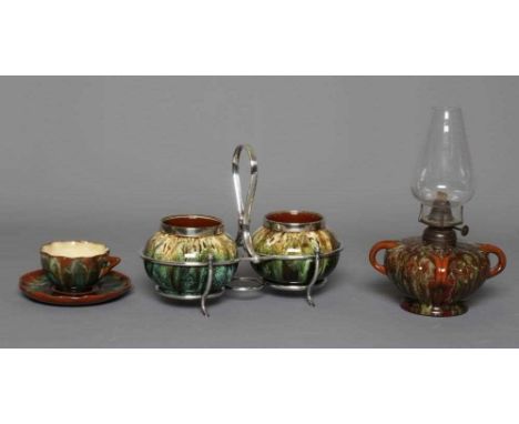 A SMALL COLLECTION OF LINTHORPE POTTERY in a streaky green/brown glaze, comprising a fluted cup and saucer, small oil lamp ba